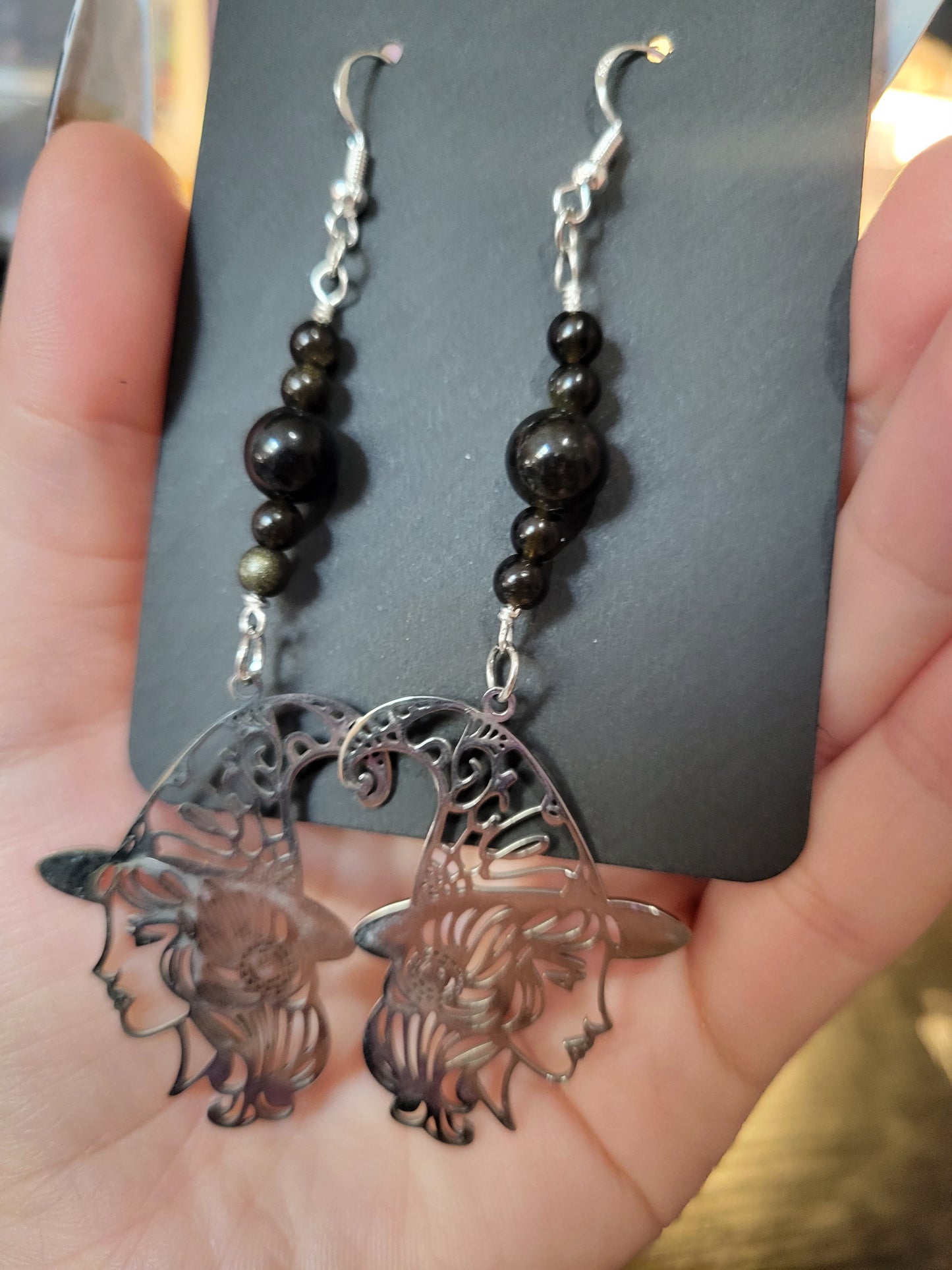 Gold Sheen Obsidian witch earrings