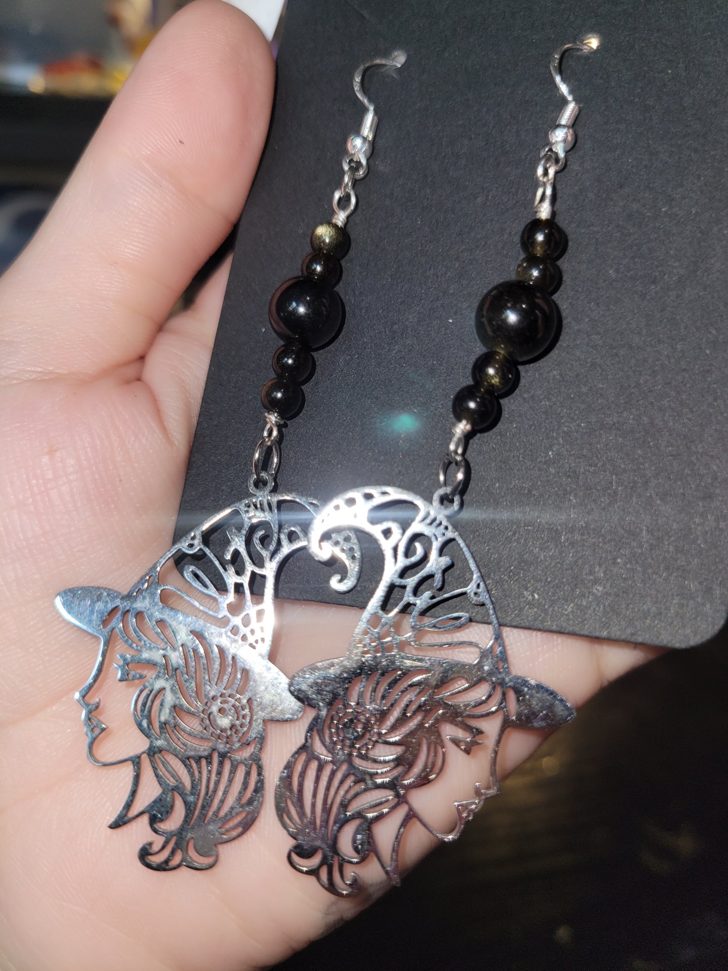 Gold Sheen Obsidian witch earrings
