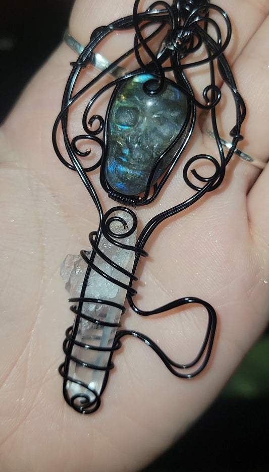 Labradorite Skull Key Pendant | Intuition & Protection Crystal Jewelry