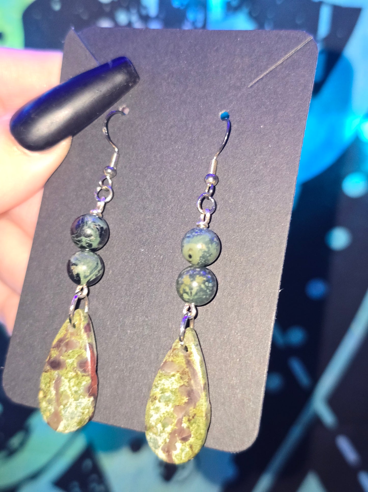 Dragon Blood Stone & Kambaba Jasper Earrings | Handmade Crystal Teardrop Earrings