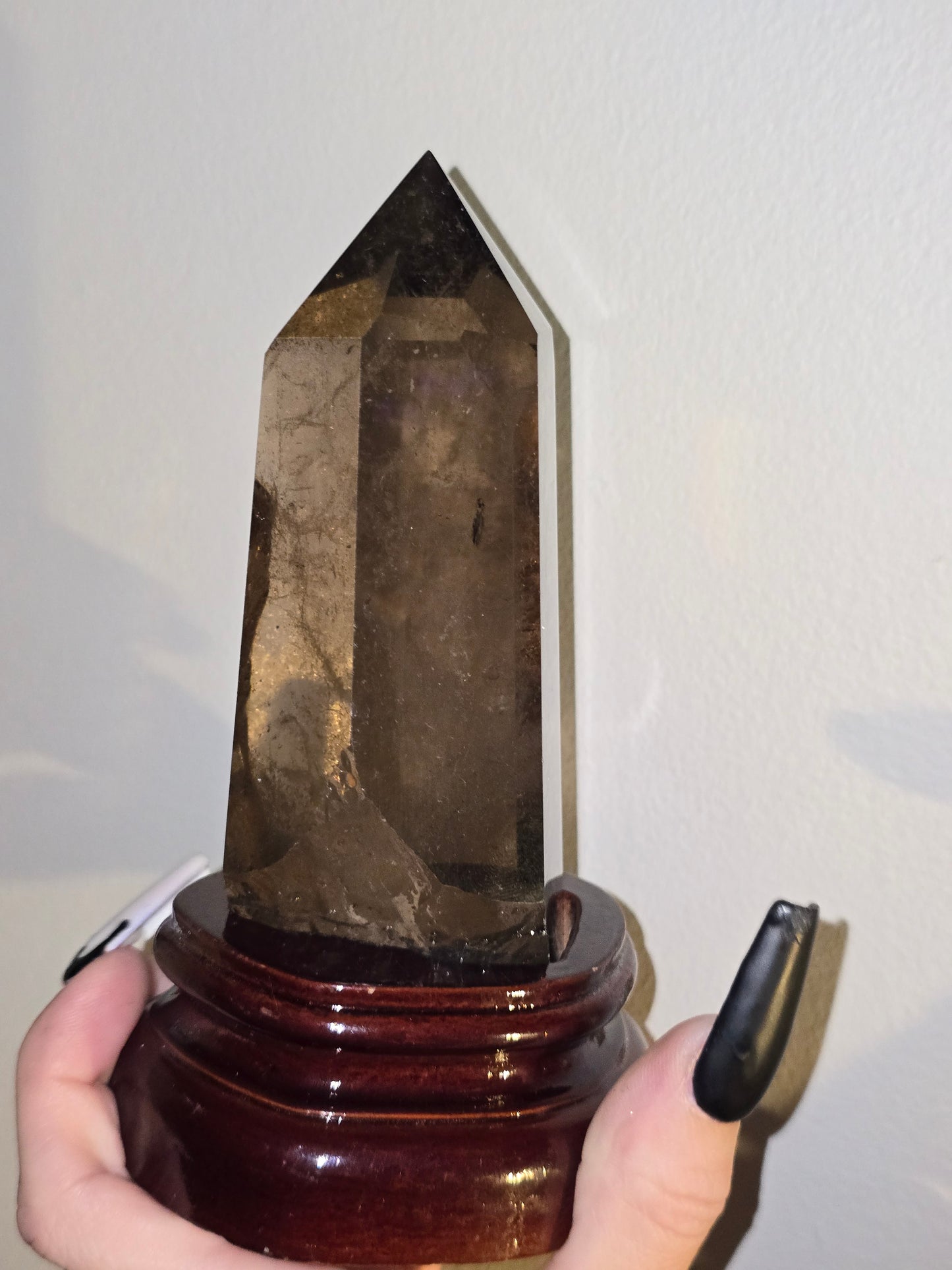 Smoky Quartz Tower with Custom Wood Stand | Grounding, Protection & Natural Beauty