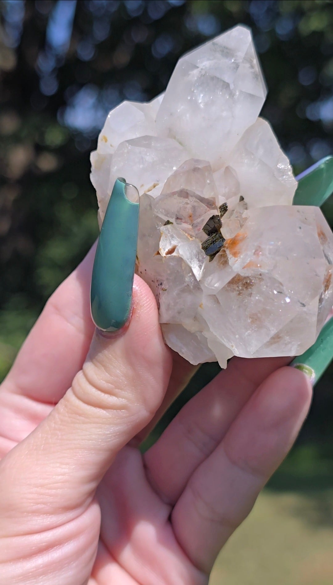 Quartz Cluster with Epidote | Clarity & Growth