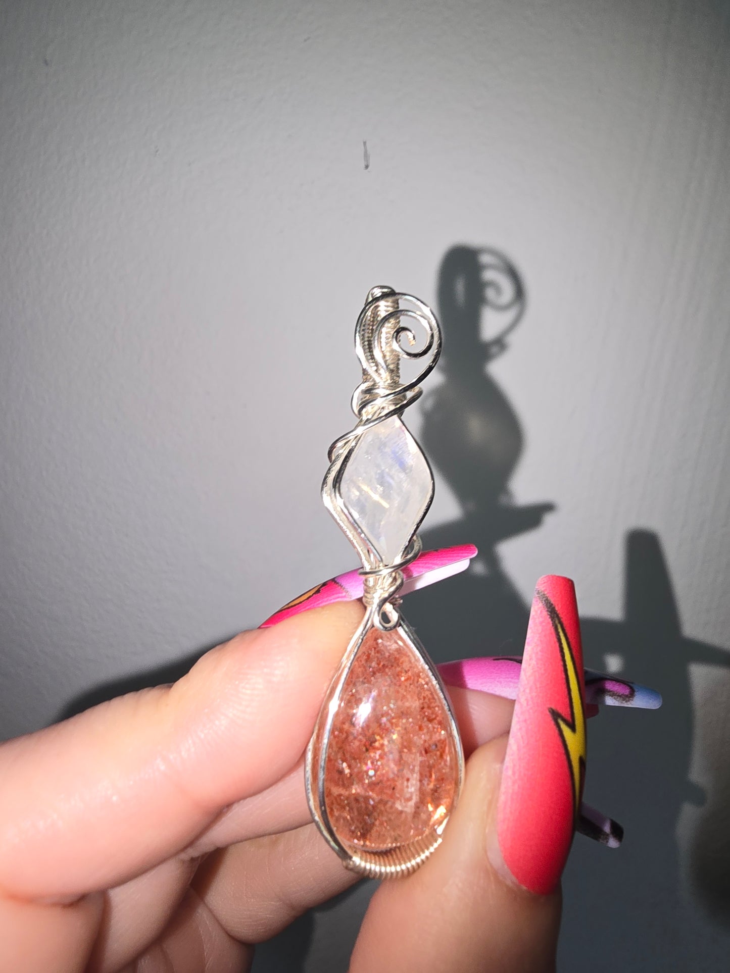 Moonstone and Sunstone Wrapped Pendant