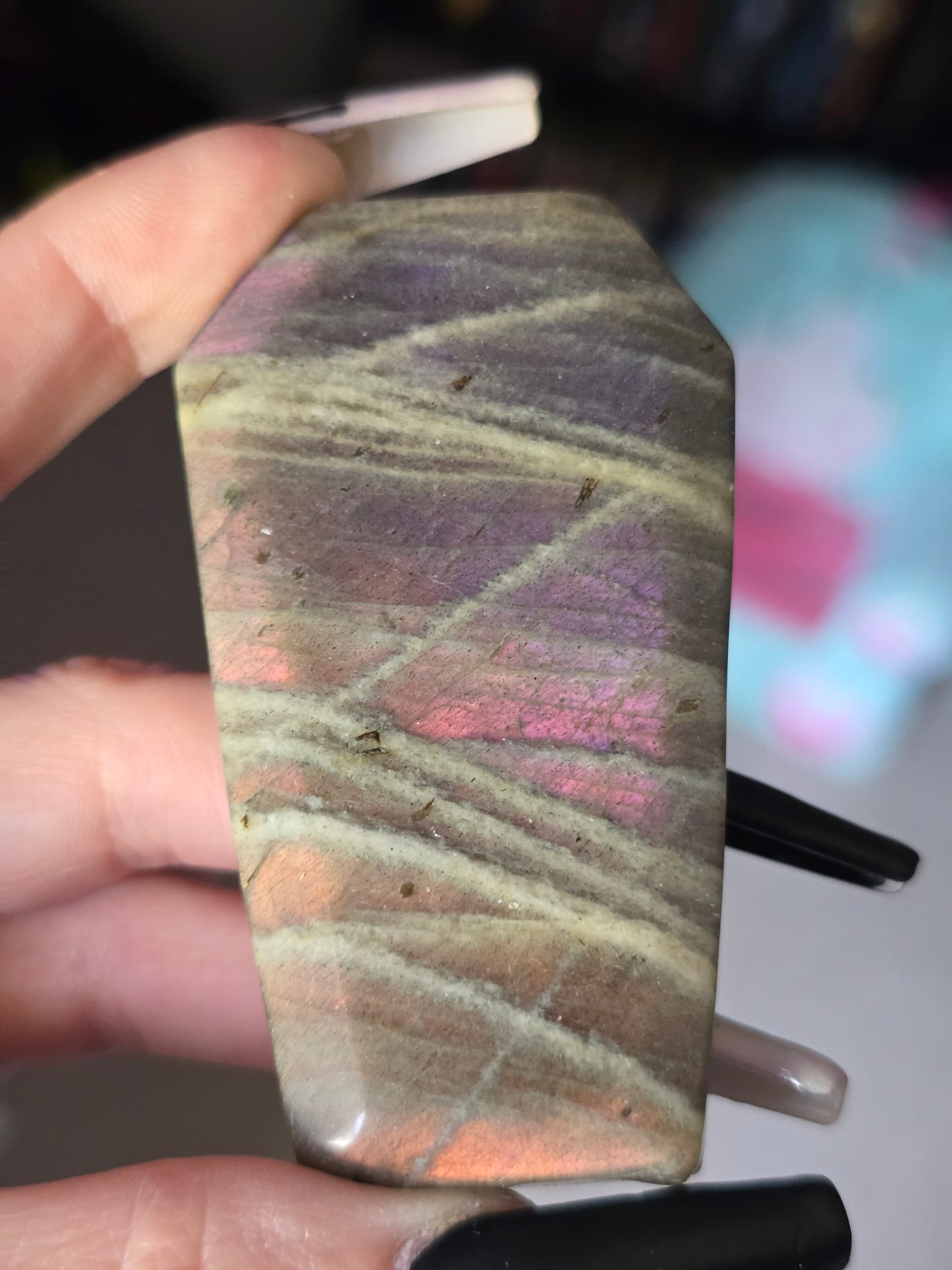 Pink & Purple Flash Labradorite Coffin Carving | Transformation, Intuition & Magic