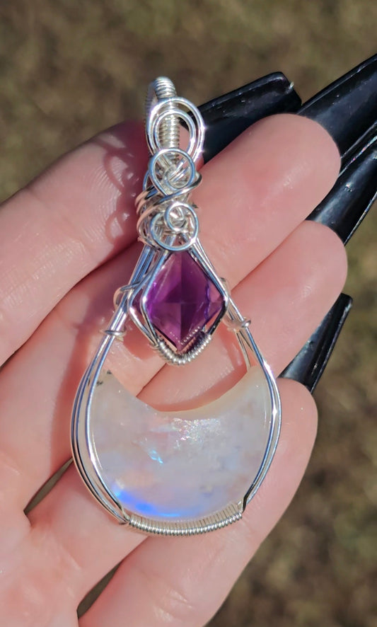 Rainbow Moonstone & Amethyst Moon Pendant | Intuition & Magic