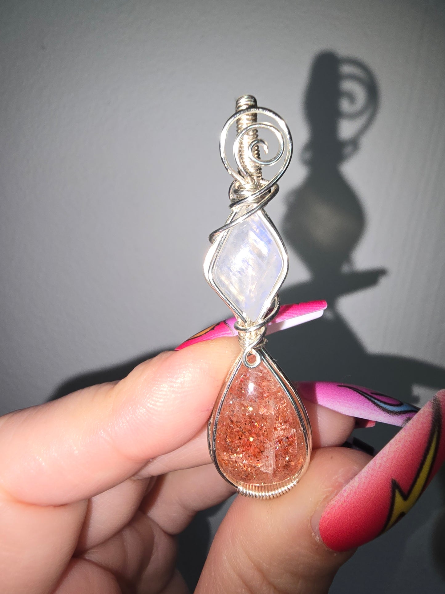 Moonstone and Sunstone Wrapped Pendant