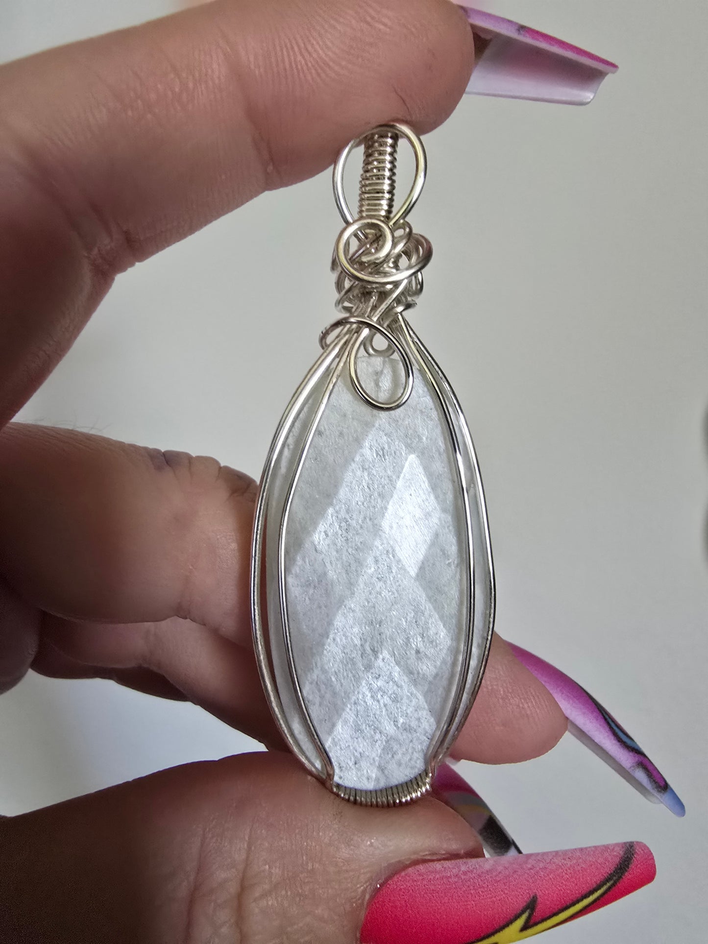 White Moonstone Rose Cut Wrapped Pendant