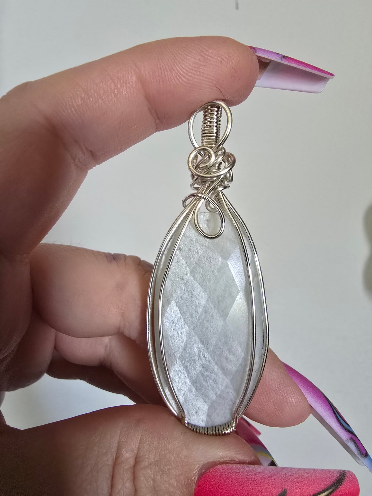 White Moonstone Rose Cut Wrapped Pendant