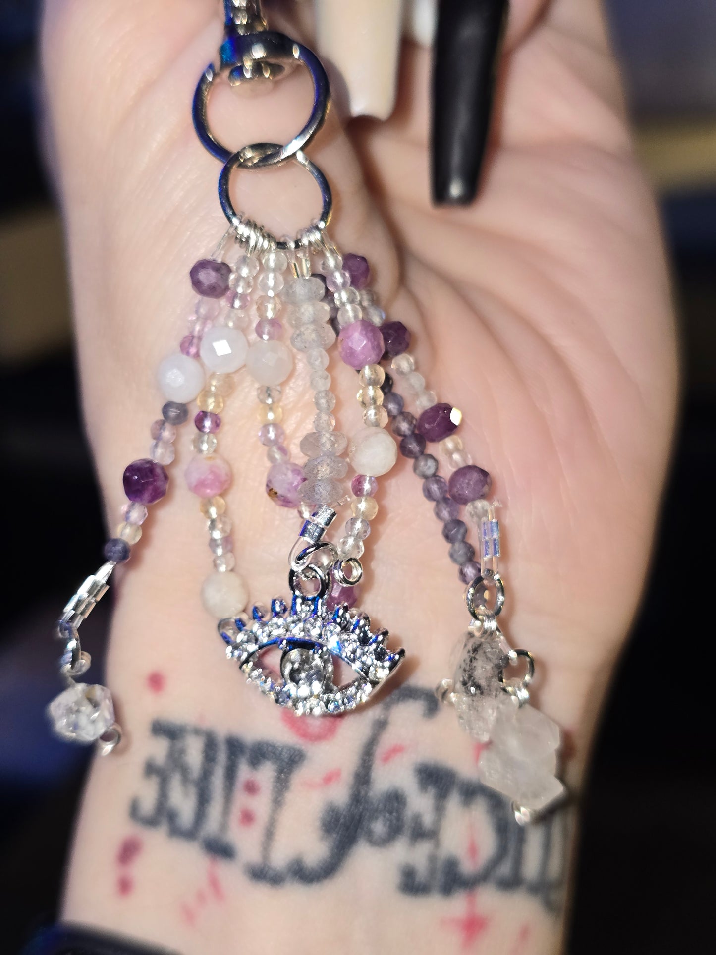 Lepidolite & Quartz Evil Eye Bag Charm | Handmade Crystal Accessory