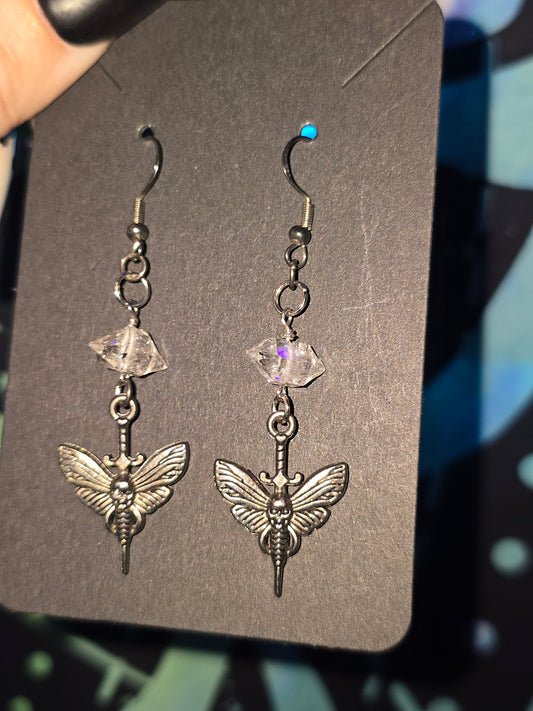 Moth & Dagger Earrings with Herkimer Diamond Quartz | Handmade Gothic Crystal Earrings