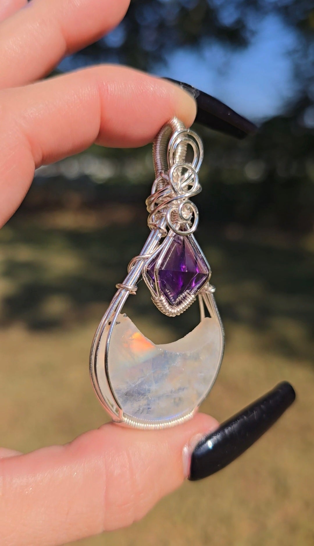 Rainbow Moonstone & Amethyst Moon Pendant | Intuition & Magic