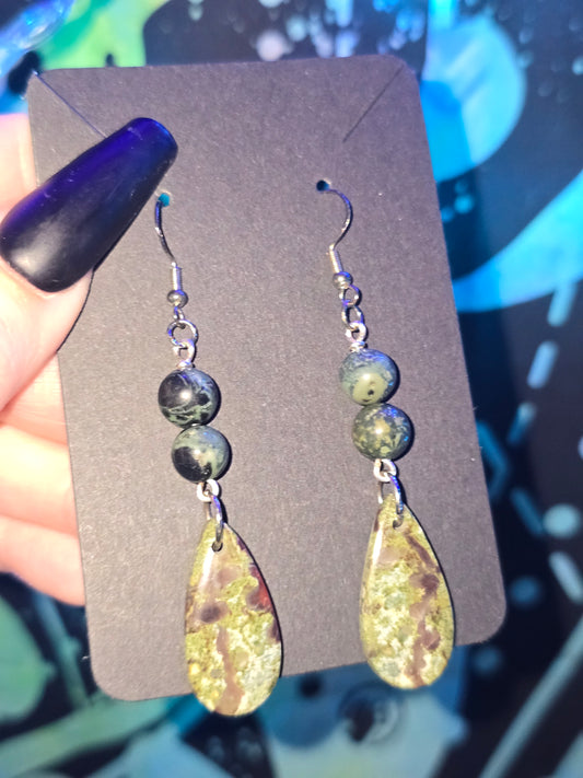 Dragon Blood Stone & Kambaba Jasper Earrings | Handmade Crystal Teardrop Earrings