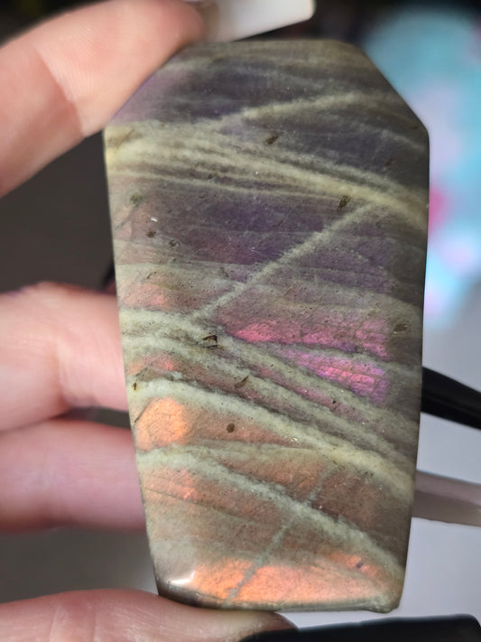 Pink & Purple Flash Labradorite Coffin Carving | Transformation, Intuition & Magic