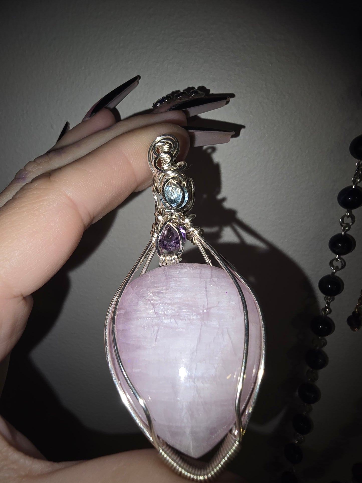 Kunzite Wrapped Pendant with Amethyst and Blue Topaz