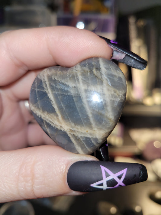 Black Moonstone Heart Carving | Emotional Balance & Intuition Crystal
