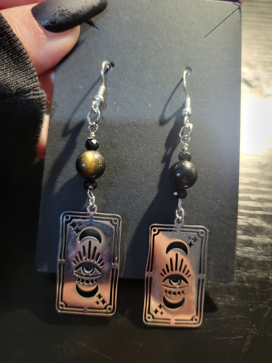 Card Earrings w/ Gold Sheen Obsidian &Spinel