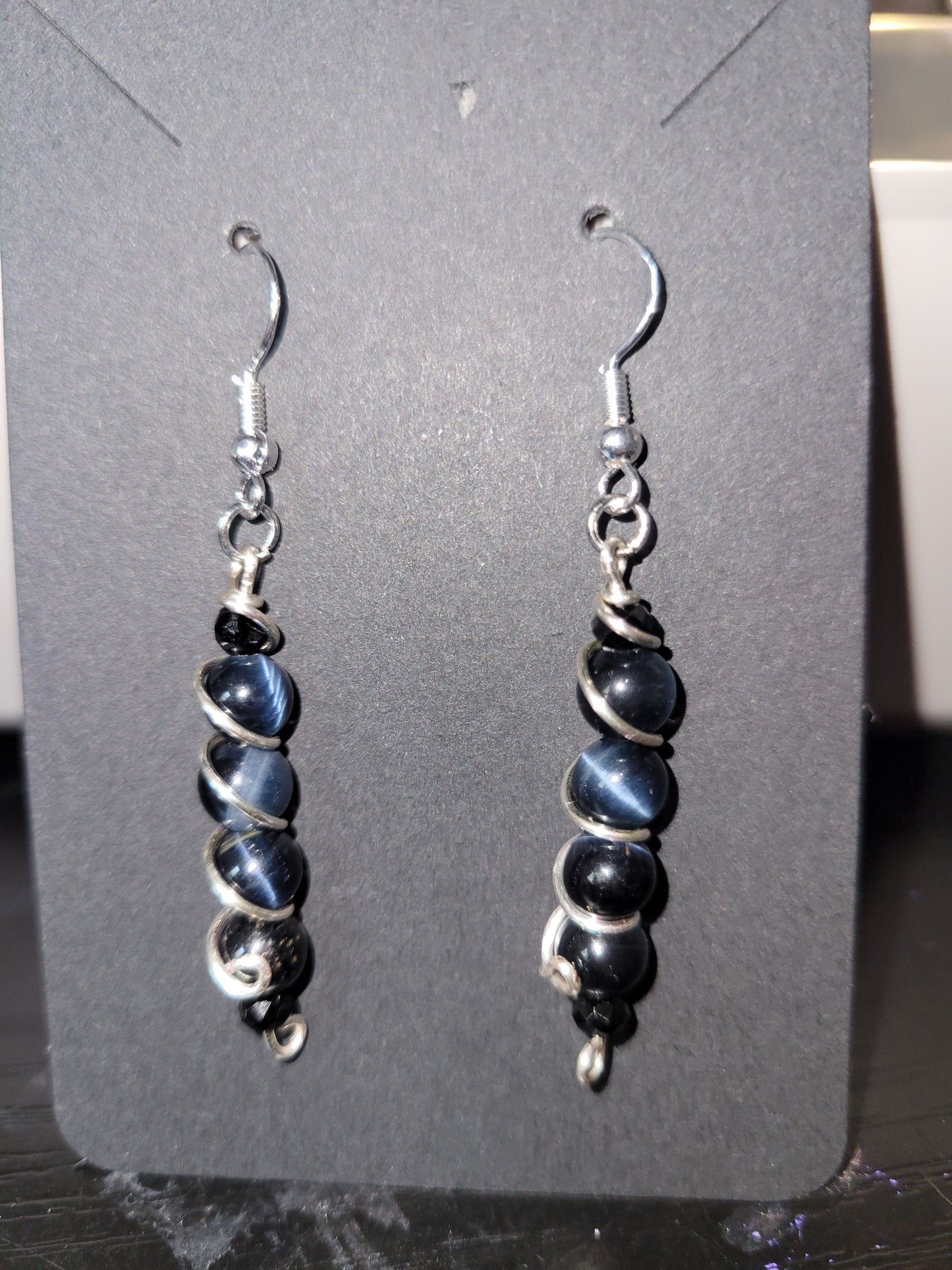 Blue Tiger's Eye Earrings w/ black Spinel