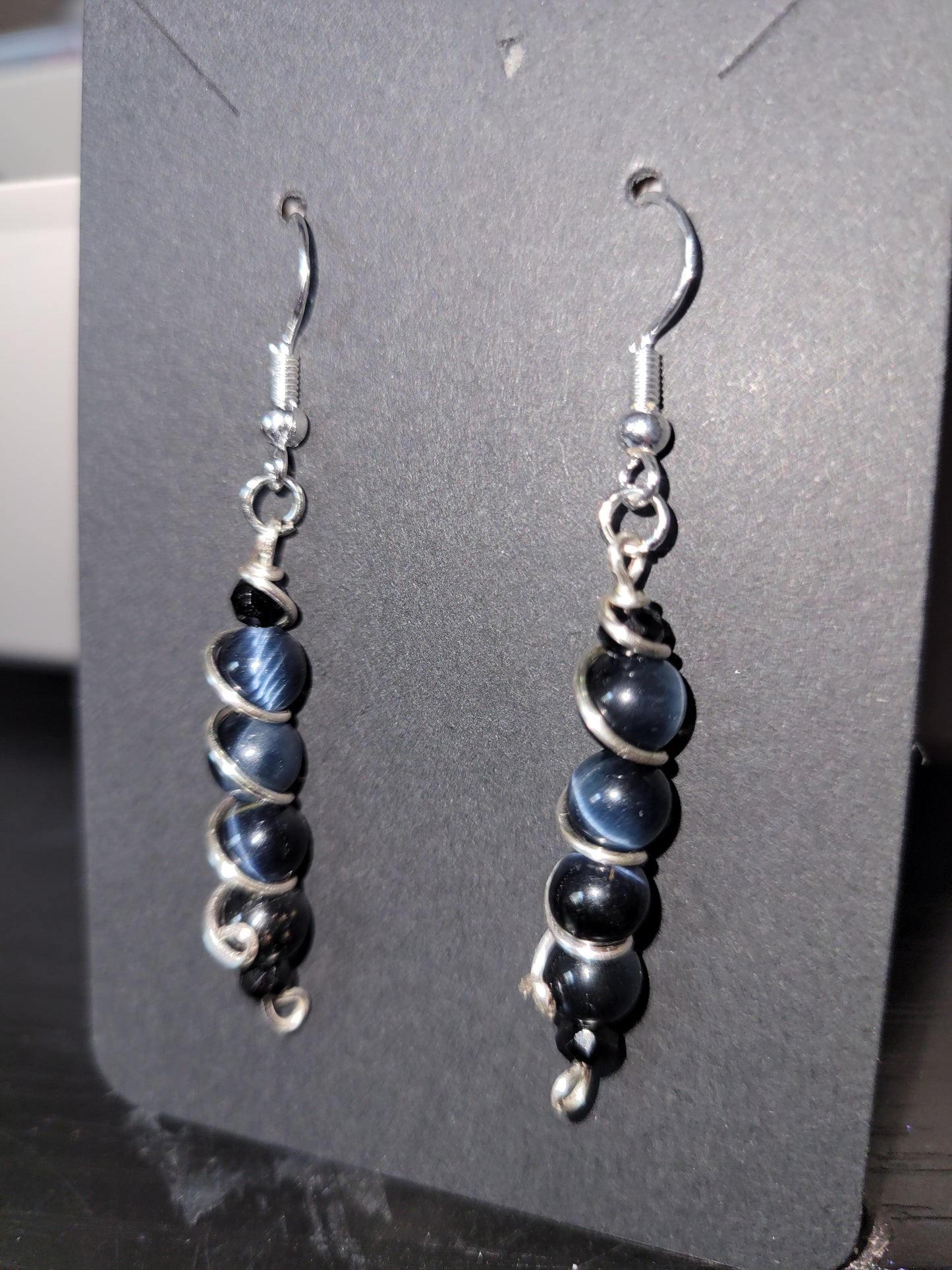 Blue Tiger's Eye Earrings w/ black Spinel