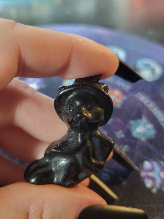 Obsidian Witch Kitty Carving