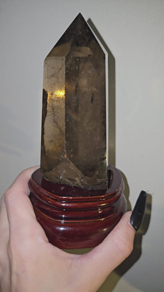 Smoky Quartz Tower with Custom Wood Stand | Grounding, Protection & Natural Beauty