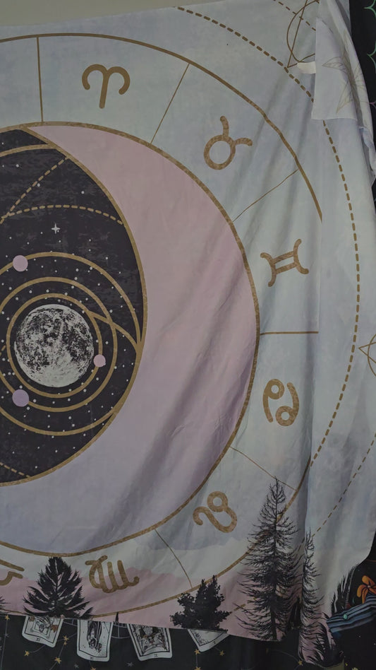 Pink Moon Zodiac Tapestry | Celestial Astrology Wall Hanging