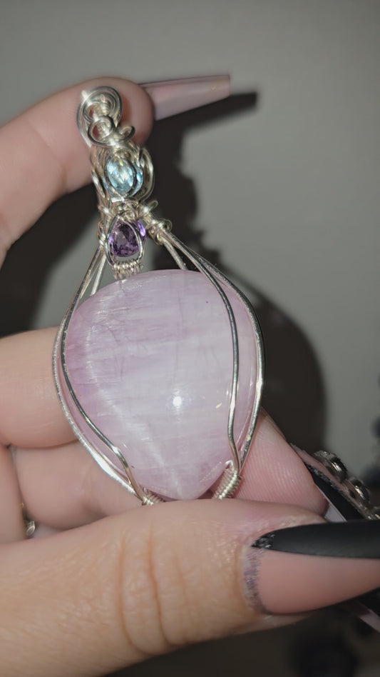 Kunzite Wrapped Pendant with Amethyst and Blue Topaz