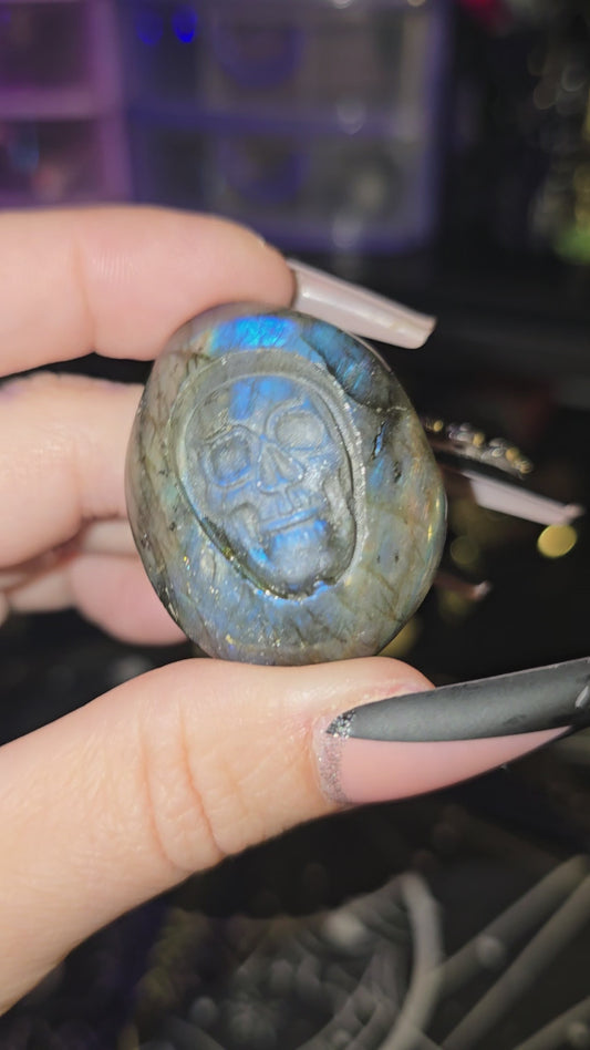 Labradorite Carved Skull Palm Stone