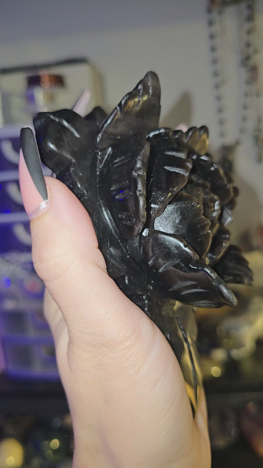 Silver Sheen Obsidian Rose Carving