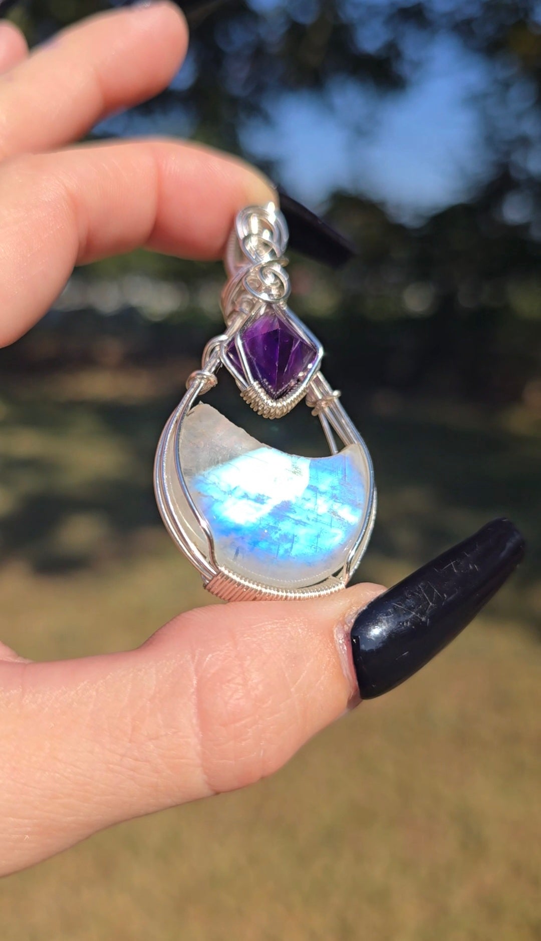 Rainbow Moonstone & Amethyst Moon Pendant | Intuition & Magic