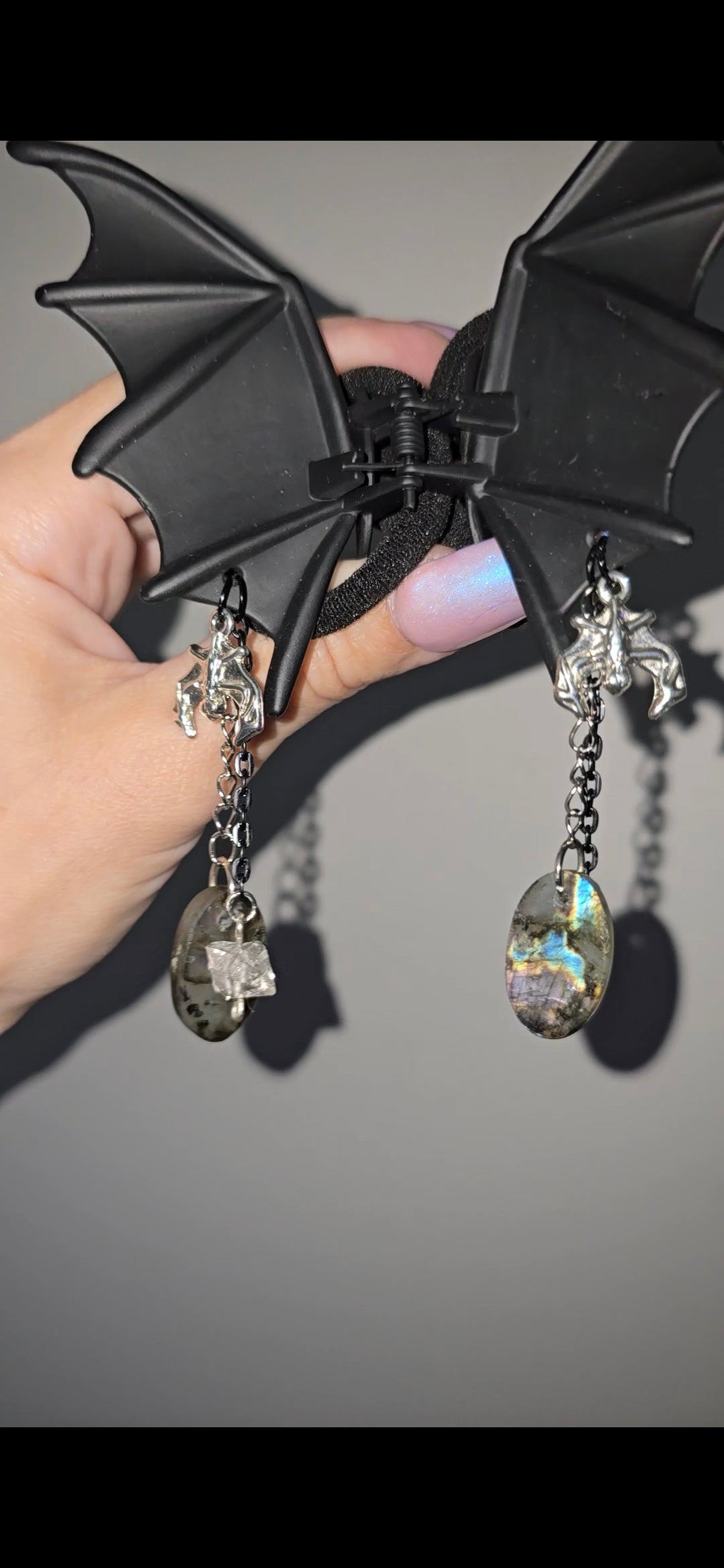 Bat Hair Clip with Labradorite & Herkimer Quartz Charms