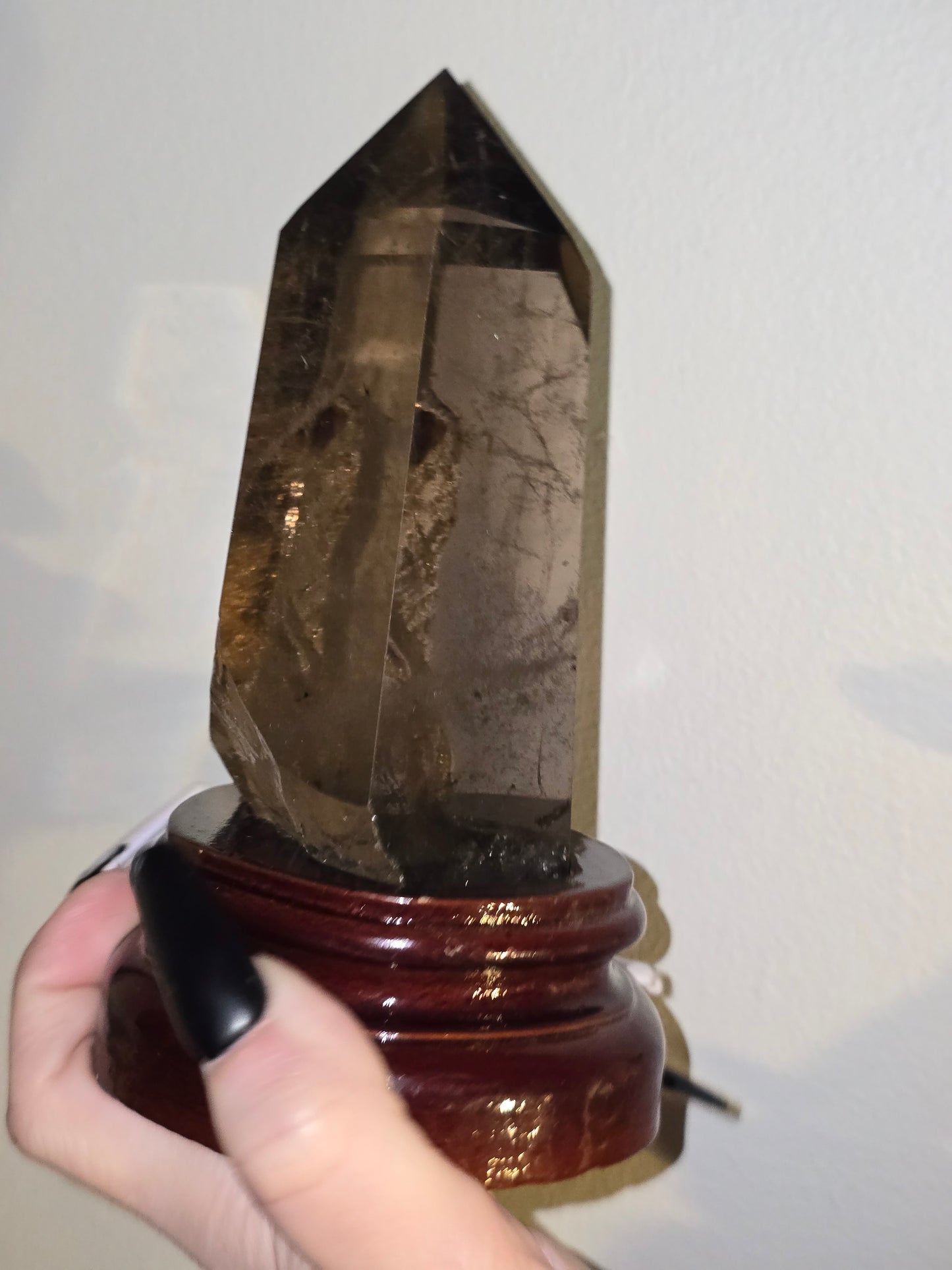 Smoky Quartz Tower with Custom Wood Stand | Grounding, Protection & Natural Beauty