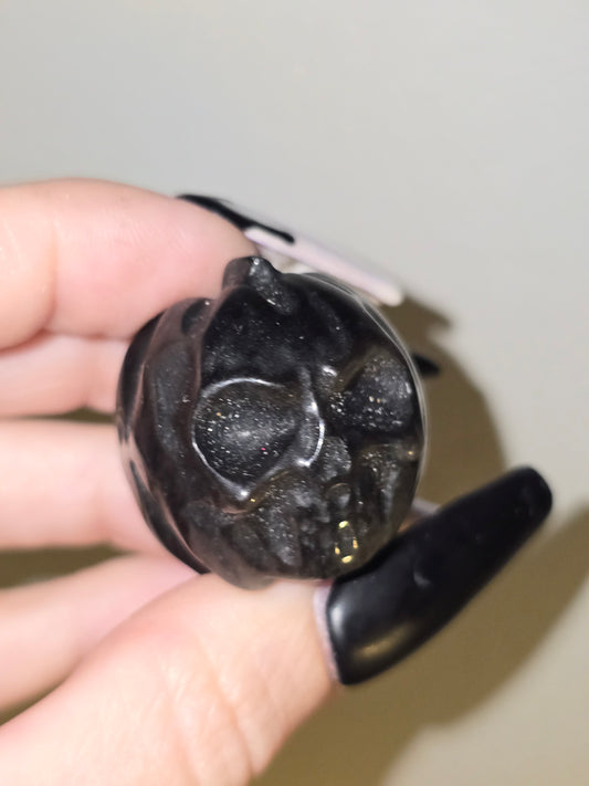 Silver Sheen Obsidian Skull Pumpkin Carving | Protection, Reflection & Shadow Work