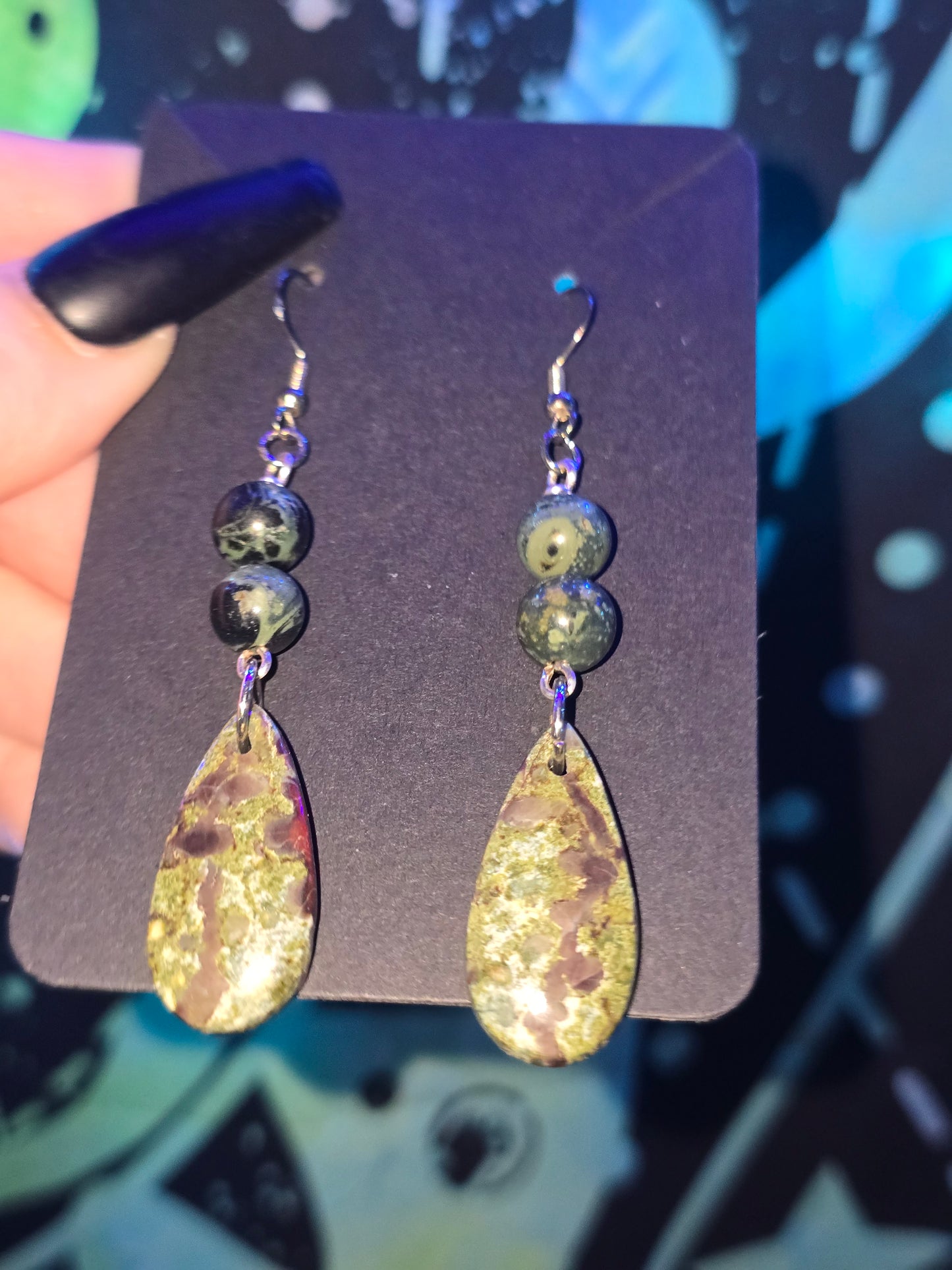 Dragon Blood Stone & Kambaba Jasper Earrings | Handmade Crystal Teardrop Earrings