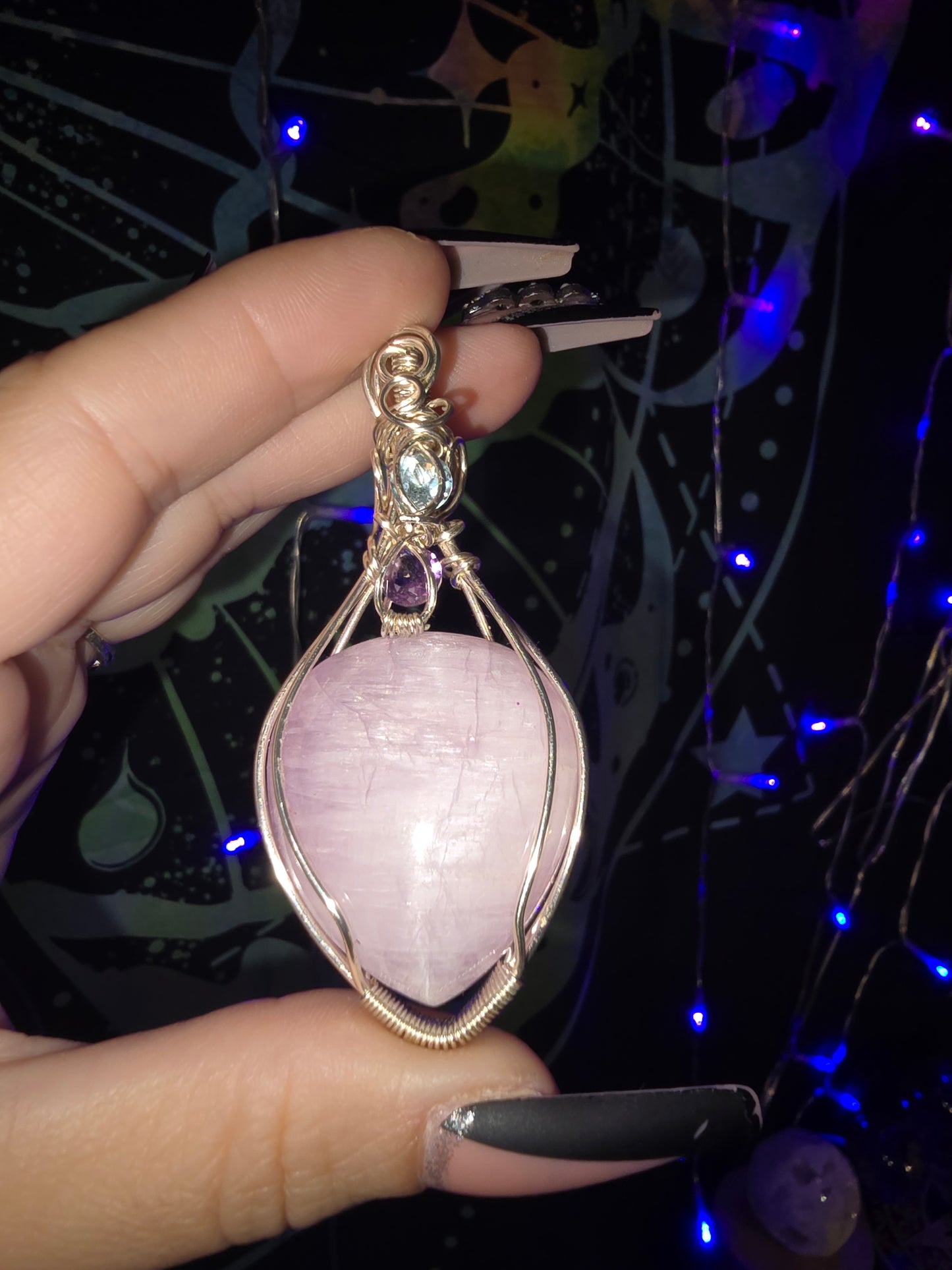 Kunzite Wrapped Pendant with Amethyst and Blue Topaz