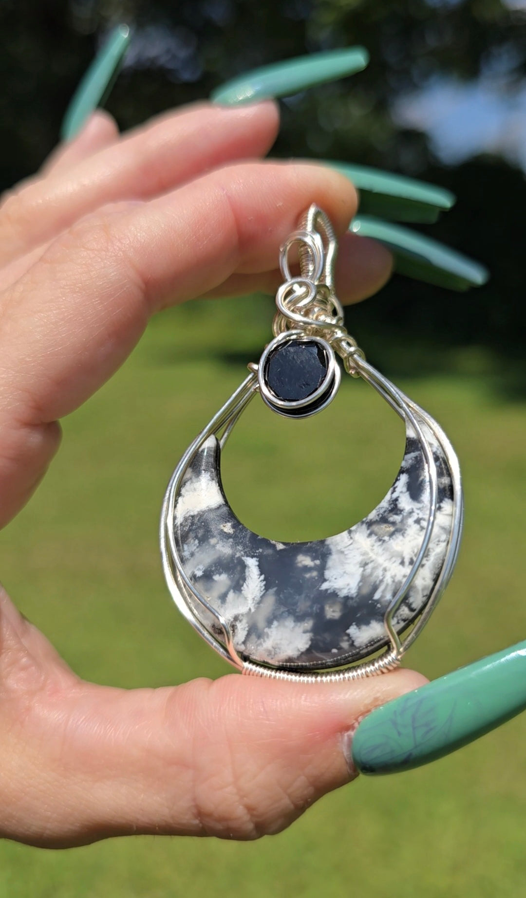 Plume Agate Moon Pendant | Grounding & Protection