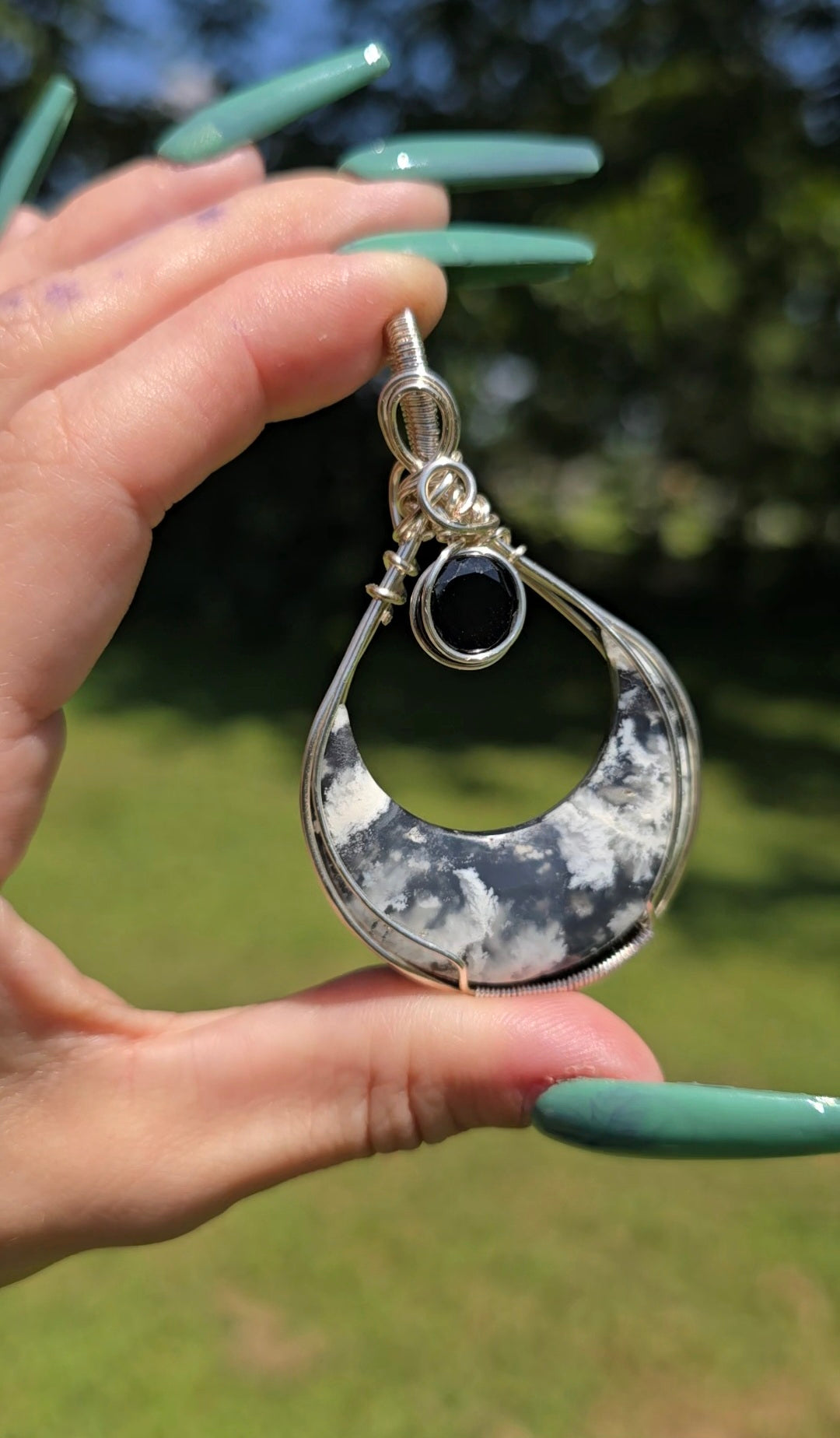 Plume Agate Moon Pendant | Grounding & Protection
