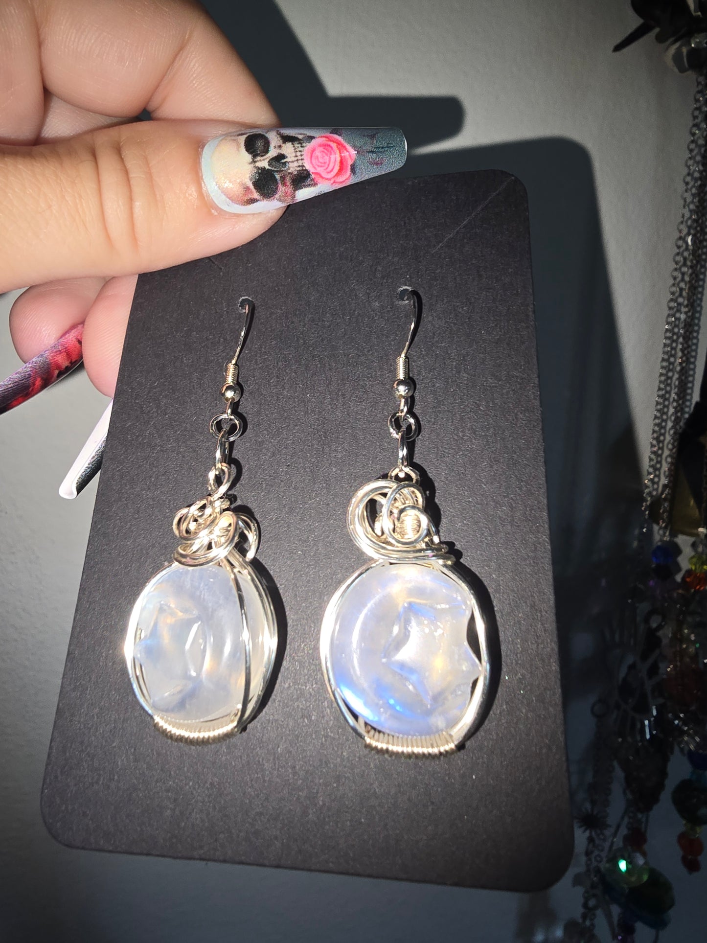 High grade Moonstone Moon and Star Wrapped Earrings 925