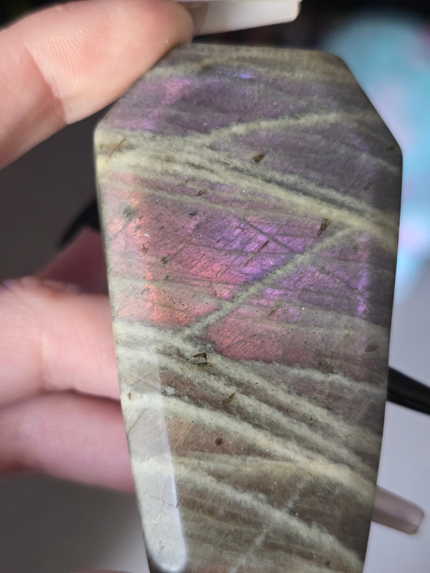 Pink & Purple Flash Labradorite Coffin Carving | Transformation, Intuition & Magic