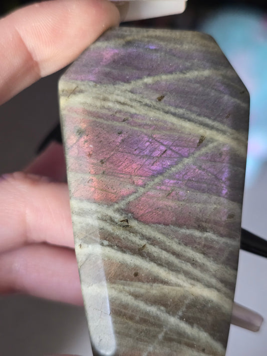 Pink & Purple Flash Labradorite Coffin Carving | Transformation, Intuition & Magic