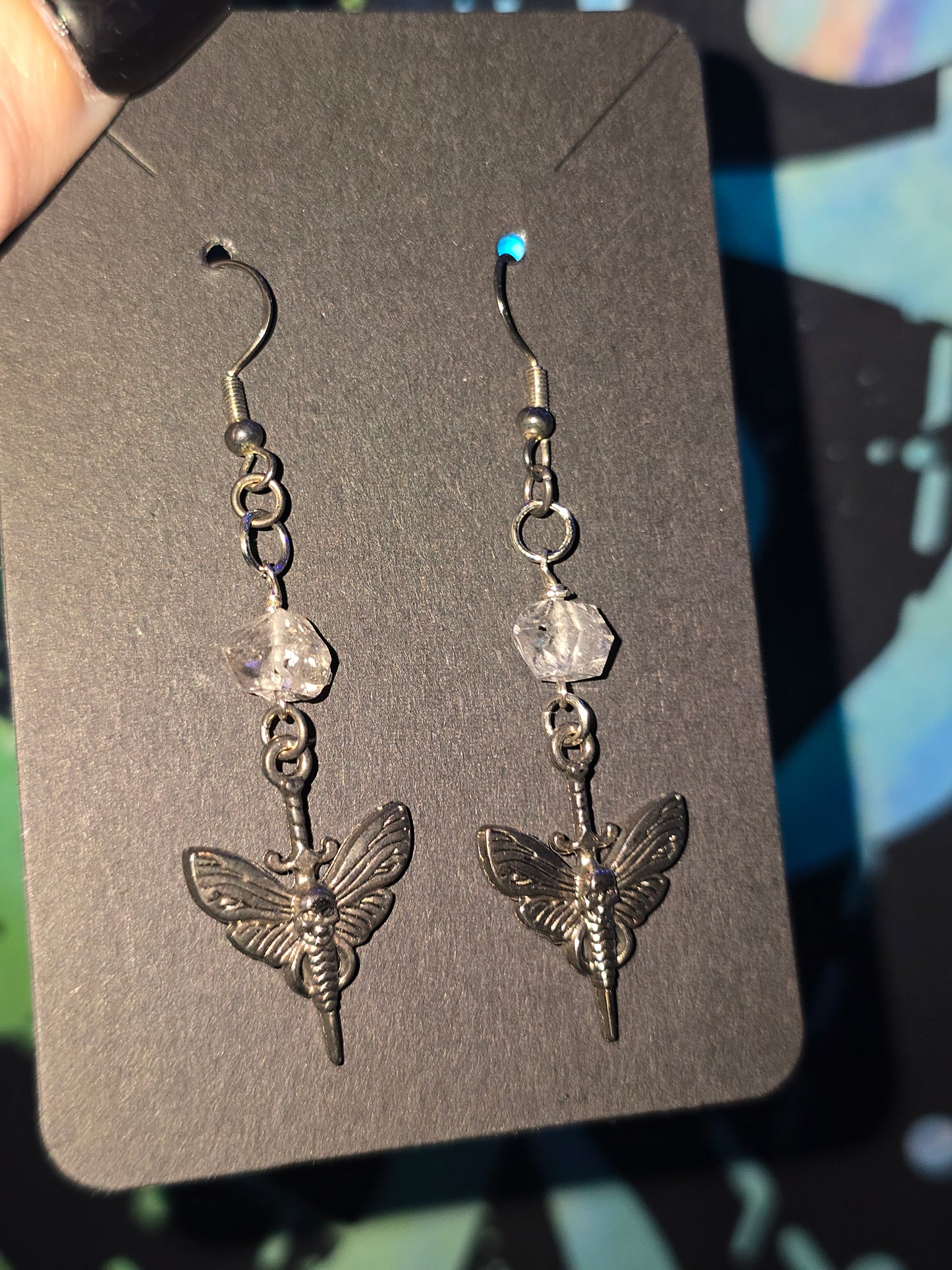 Moth & Dagger Earrings with Herkimer Diamond Quartz | Handmade Gothic Crystal Earrings