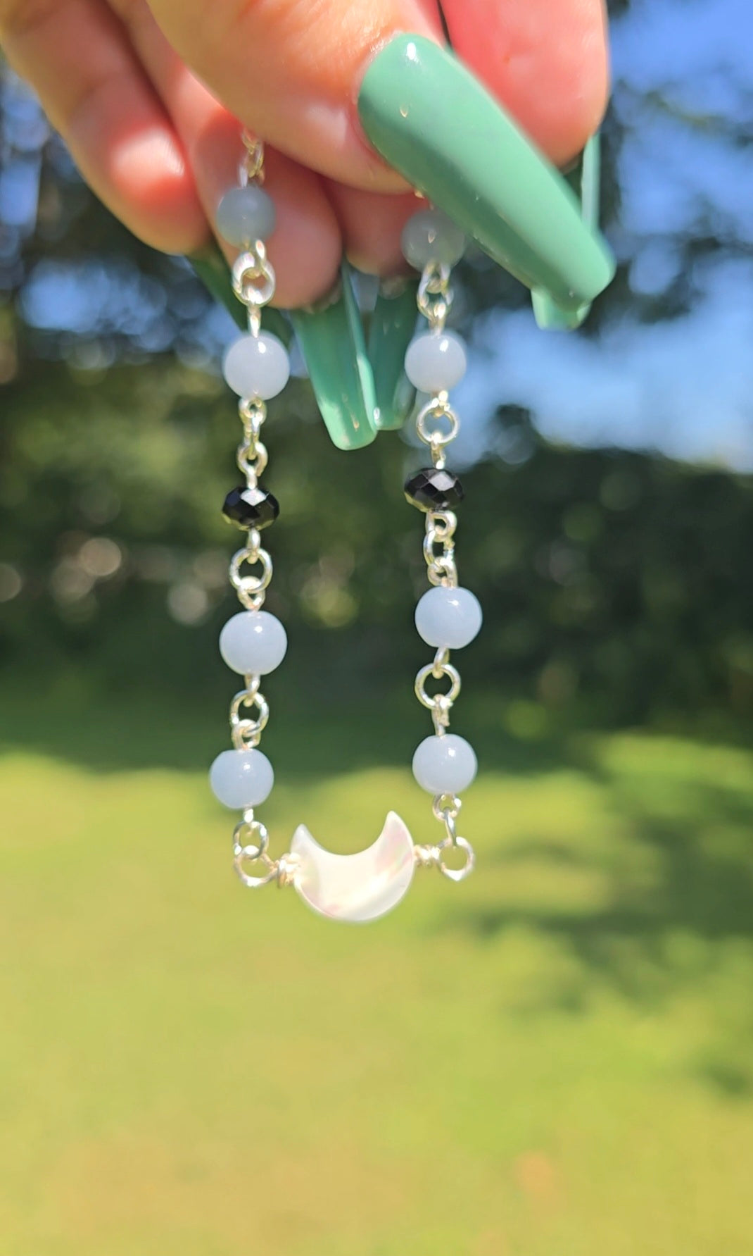 Angelite,Mother of Pearl Moon Bracelet | Peace & Communication