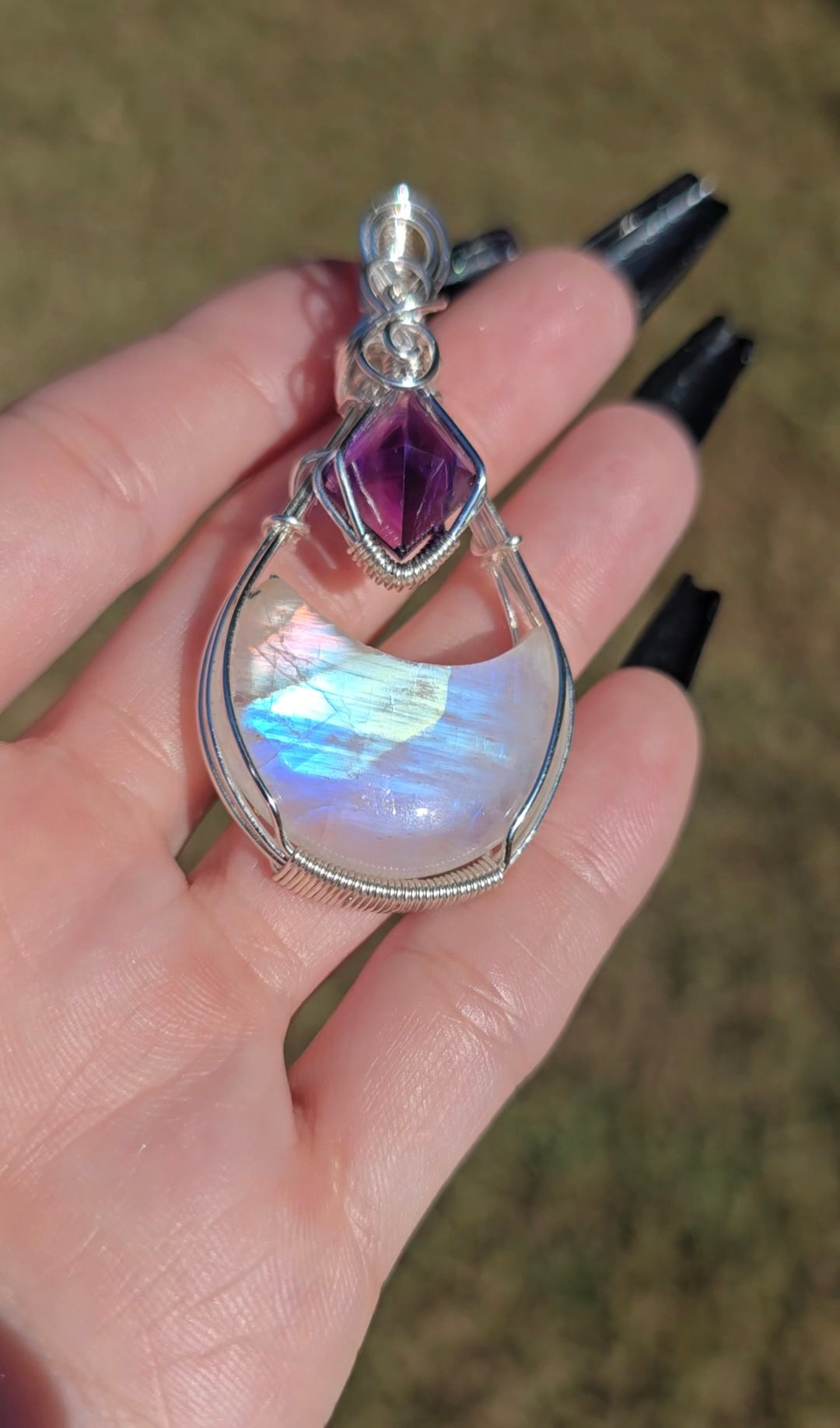 Rainbow Moonstone & Amethyst Moon Pendant | Intuition & Magic