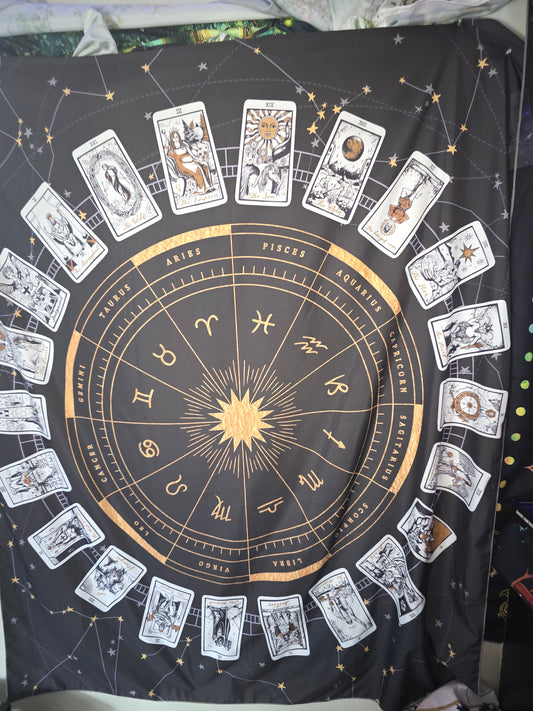 Astrology & Tarot Wheel Tapestry | Celestial Zodiac Wall Hanging