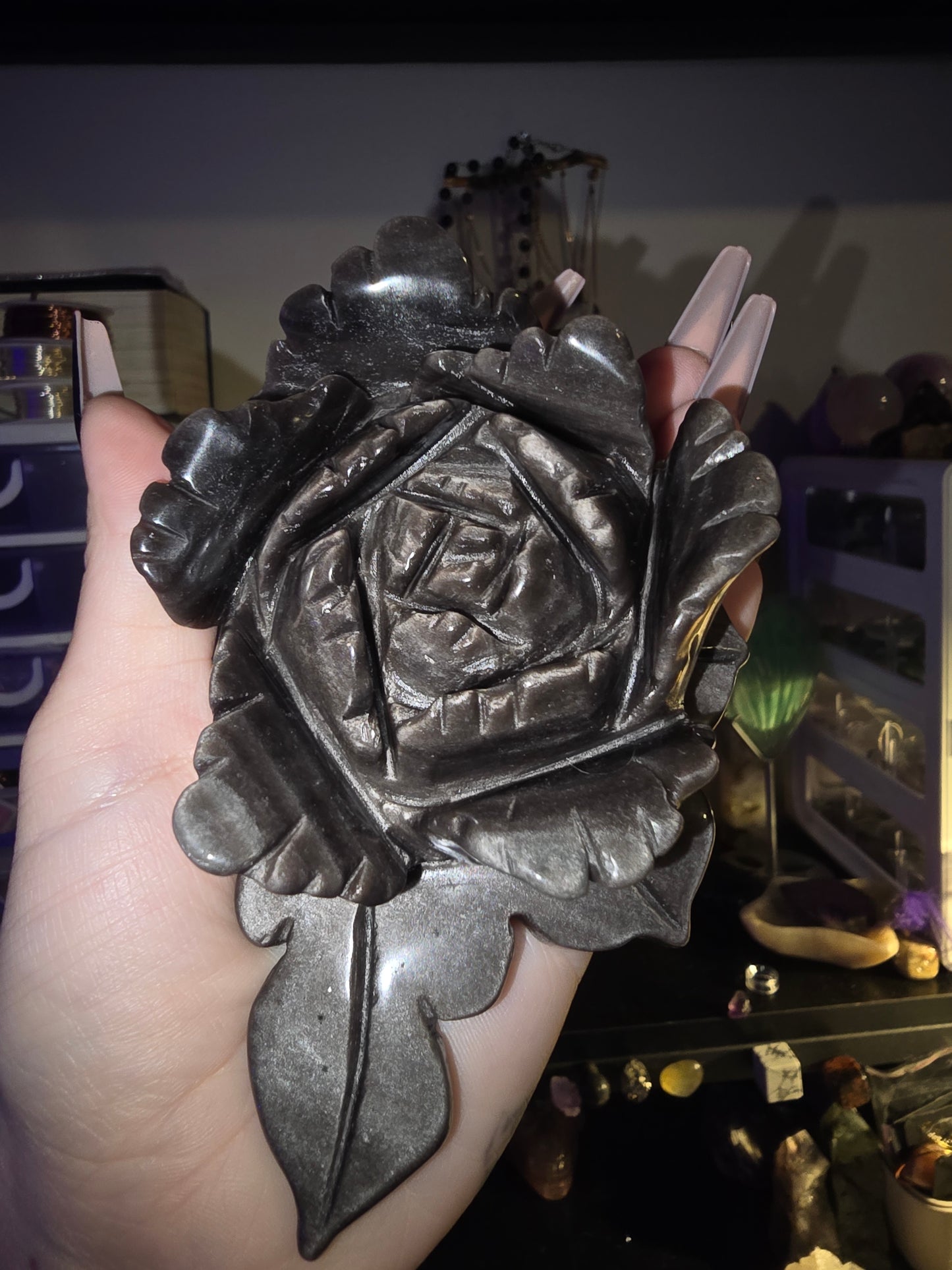 Silver Sheen Obsidian Rose Carving