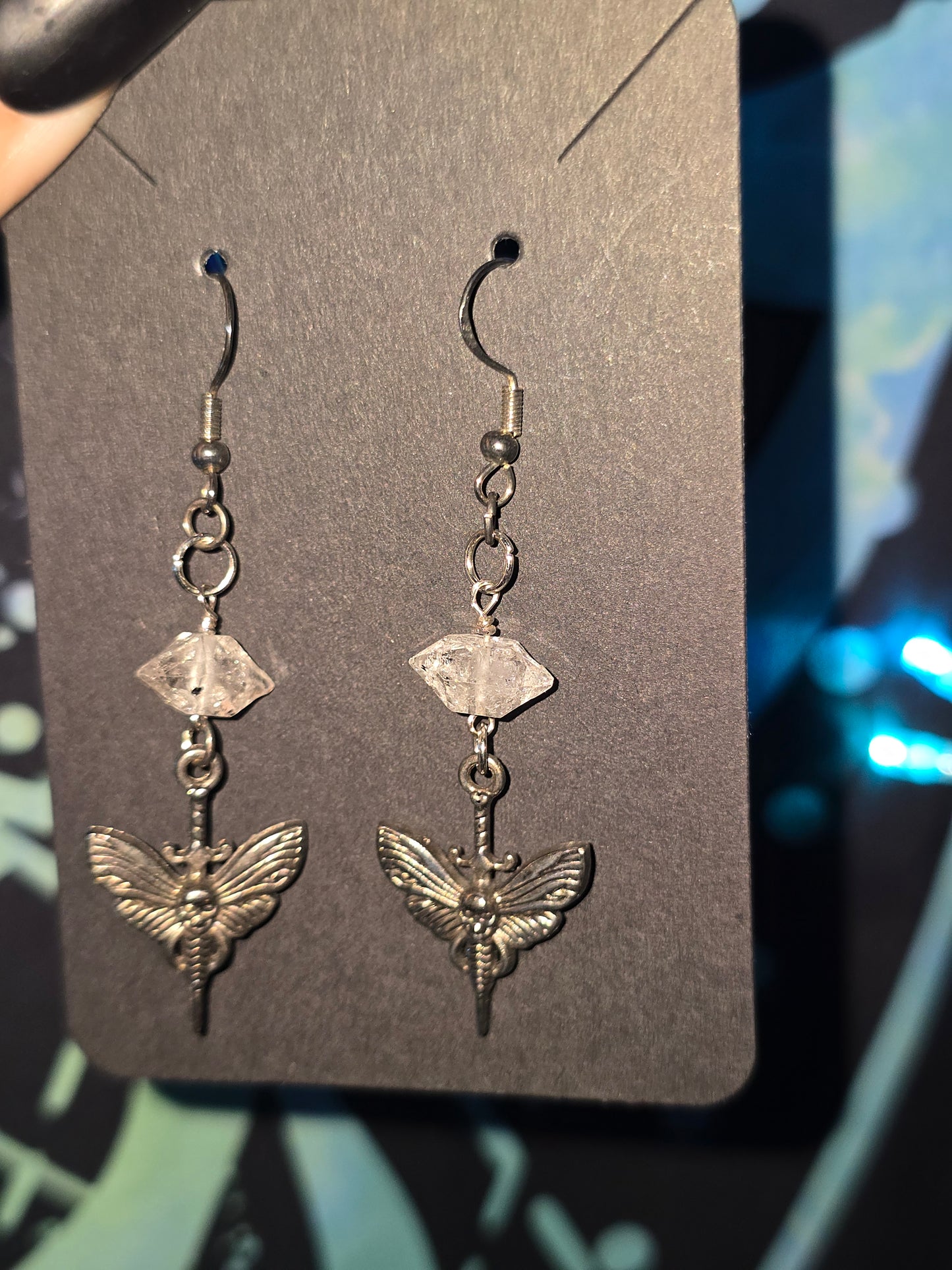 Moth & Dagger Earrings with Herkimer Diamond Quartz | Handmade Gothic Crystal Earrings