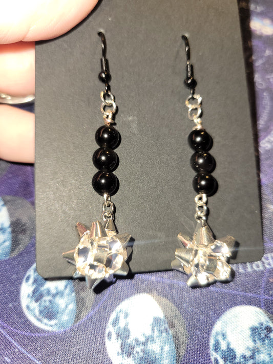 Christmas silver bow earrings w/ Rainbow Obsidian