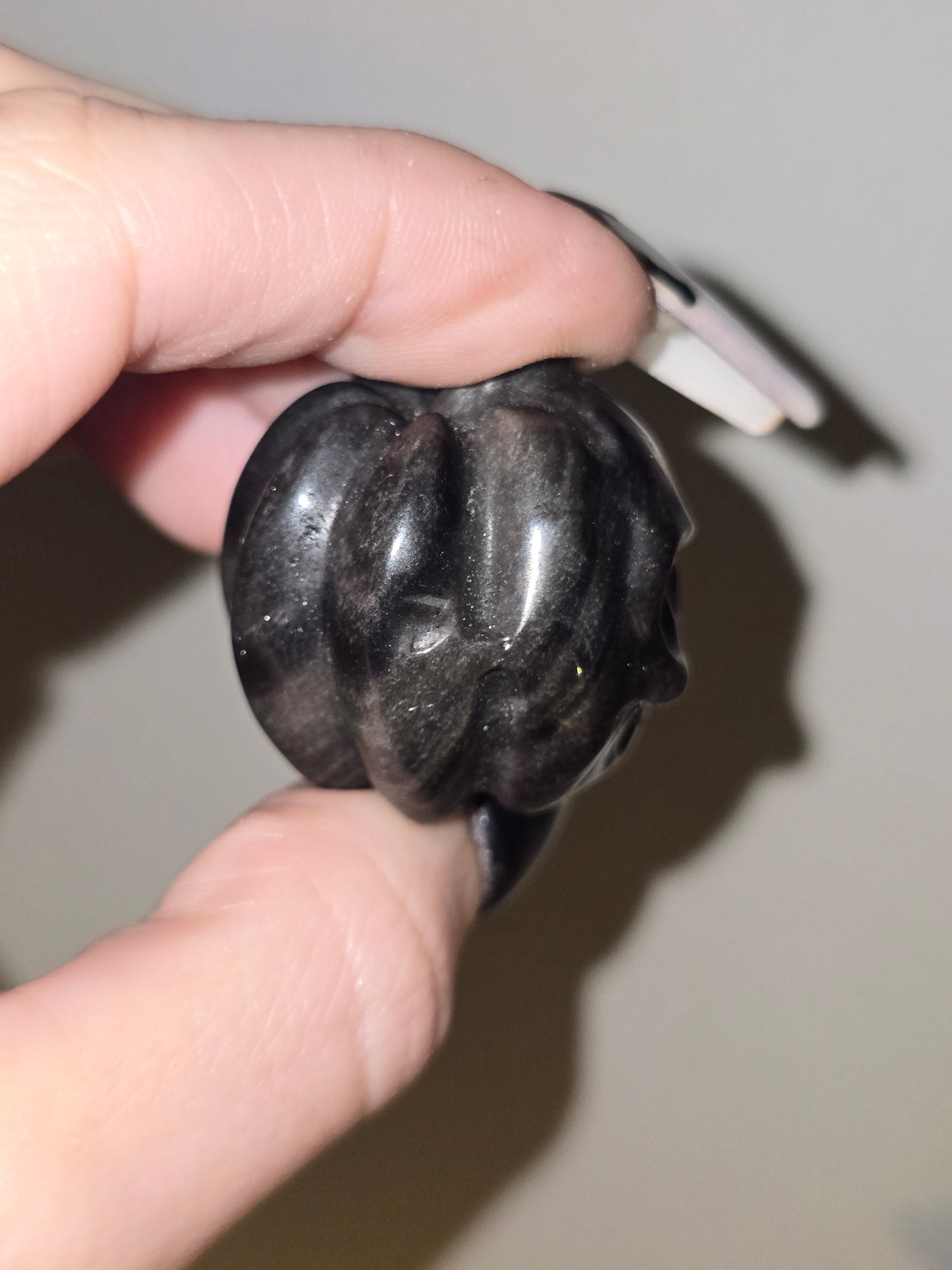 Silver Sheen Obsidian Skull Pumpkin Carving | Protection, Reflection & Shadow Work