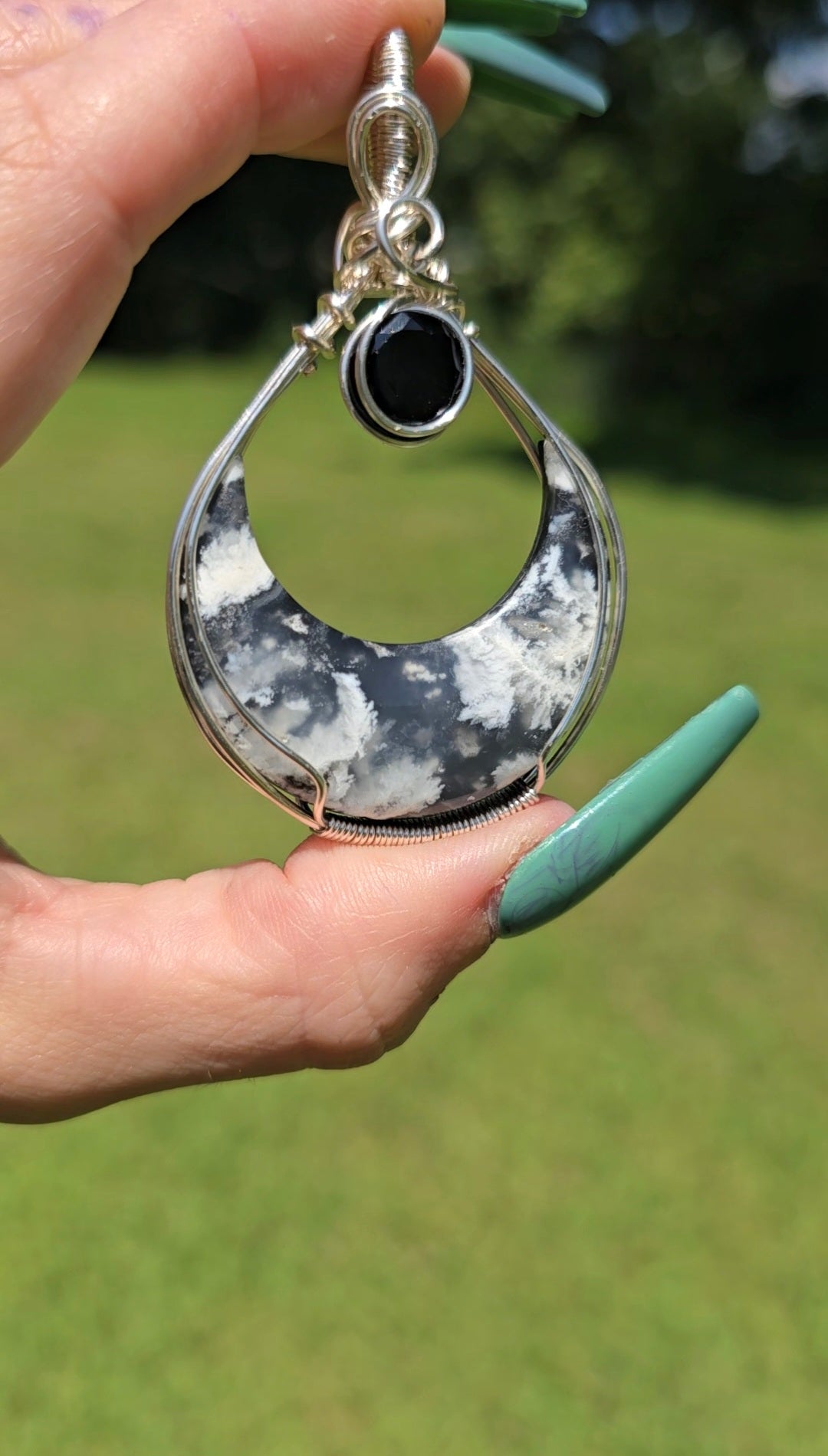 Plume Agate Moon Pendant | Grounding & Protection