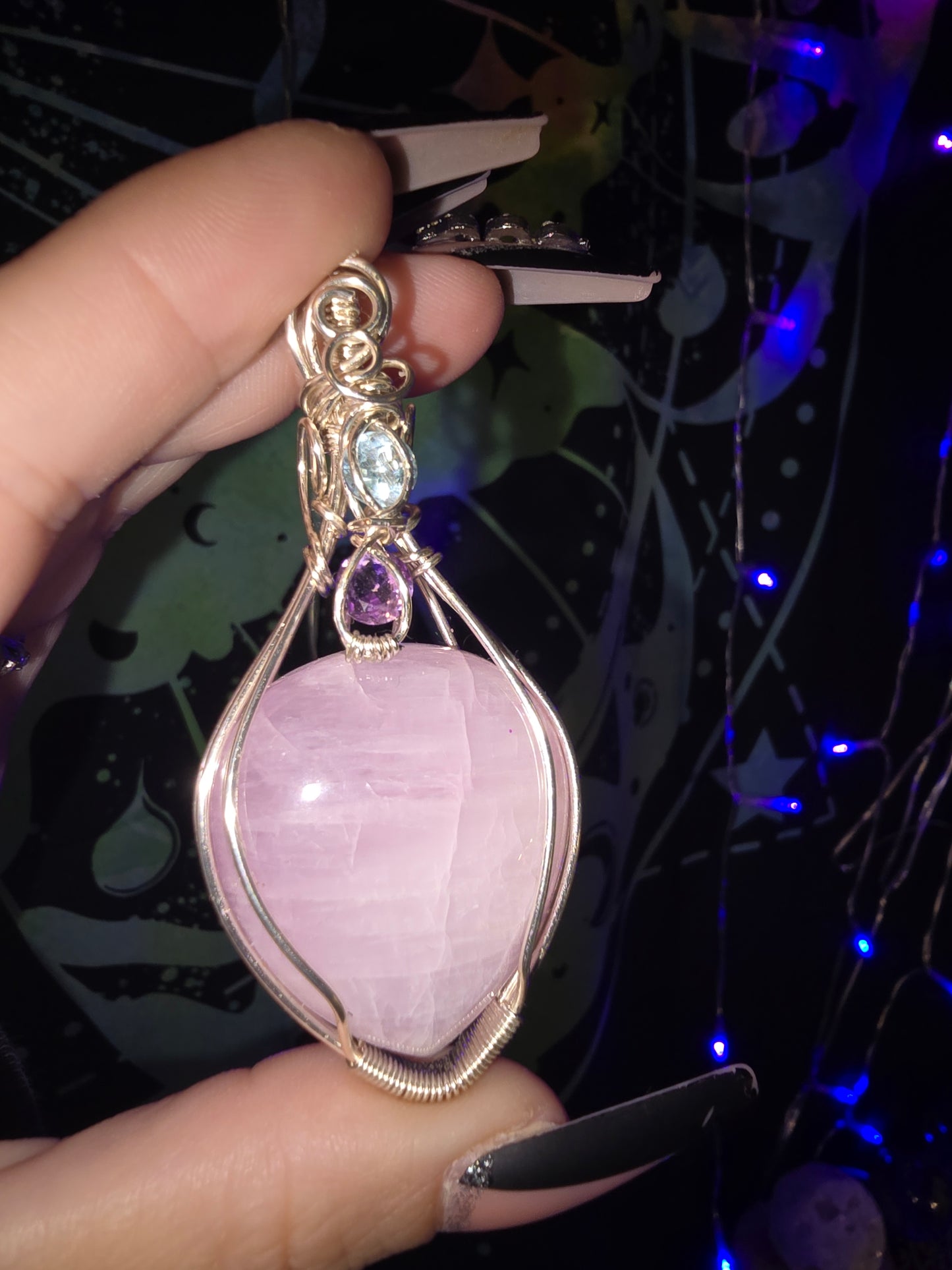 Kunzite Wrapped Pendant with Amethyst and Blue Topaz