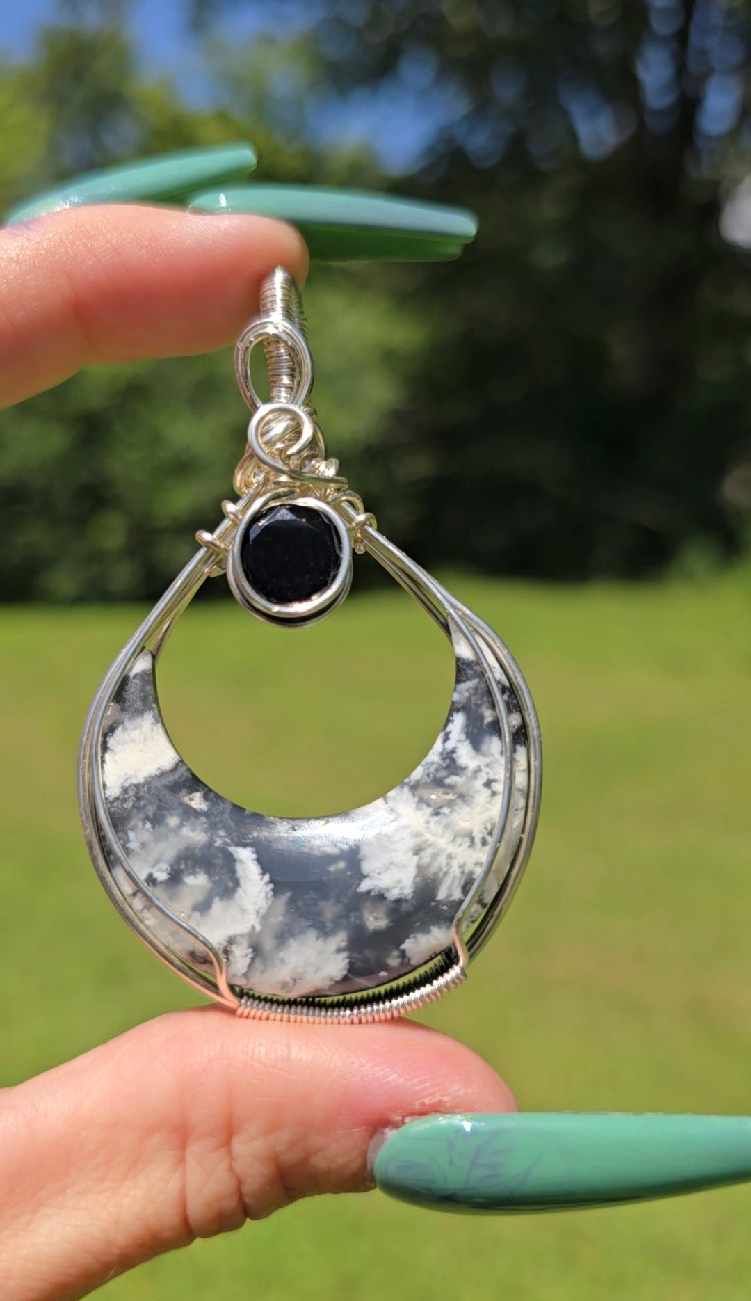 Plume Agate Moon Pendant | Grounding & Protection